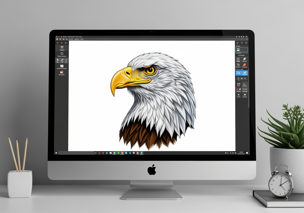 モダンな画面に表示された4Kアップスケールされた動物の絵（詳細なワシのイラスト）、高解像度品質を強調。