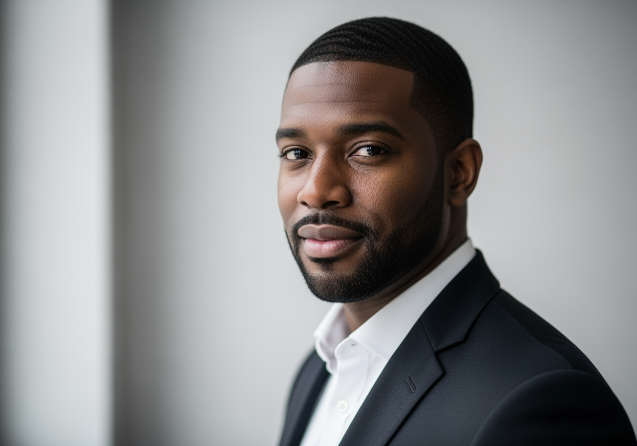 Um retrato de alta resolução de um homem negro, sugerindo qualidade 4K e detalhes nítidos.