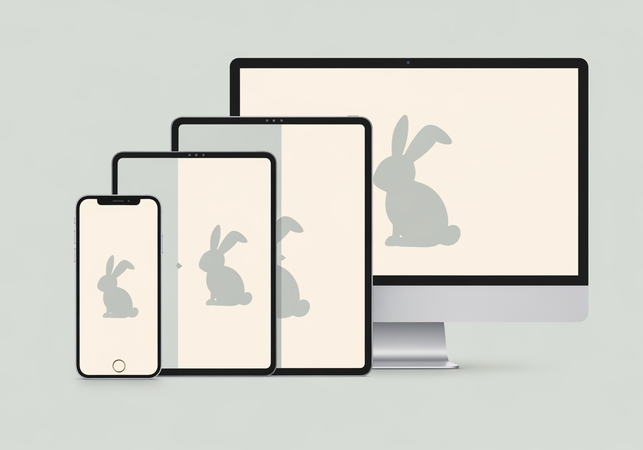 Illustrazione di silhouette stilizzate di coniglietti pasquali che si adattano perfettamente agli schermi di telefono, tablet e desktop, enfatizzando i rapporti d'aspetto specifici del dispositivo con qualità fotografica professionale e design minimalista.