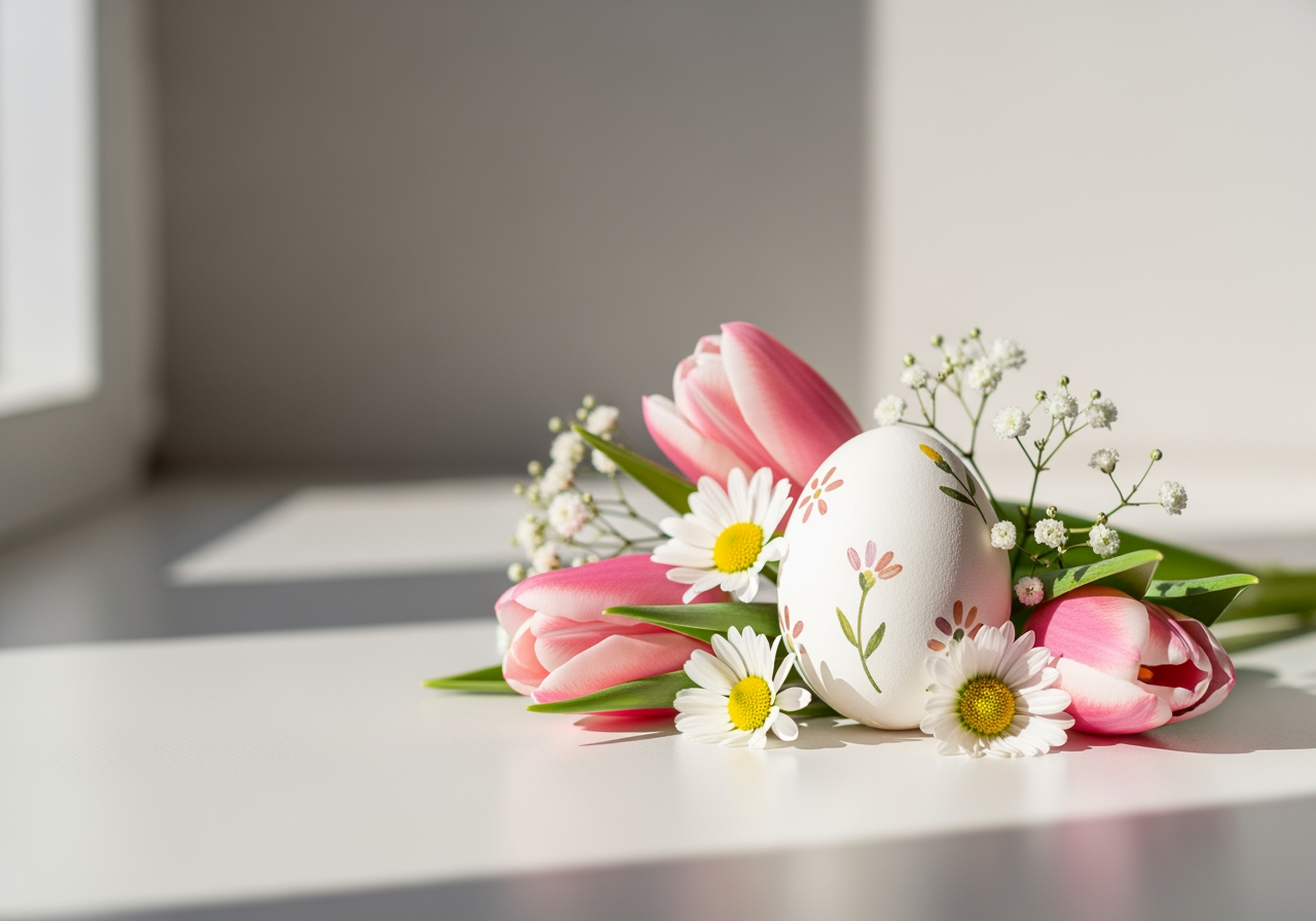 Composizione armoniosa di uova di Pasqua e vivaci fiori primaverili, immersi in una luce soffusa, presentati con qualità fotografica professionale ed estetica minimalista.