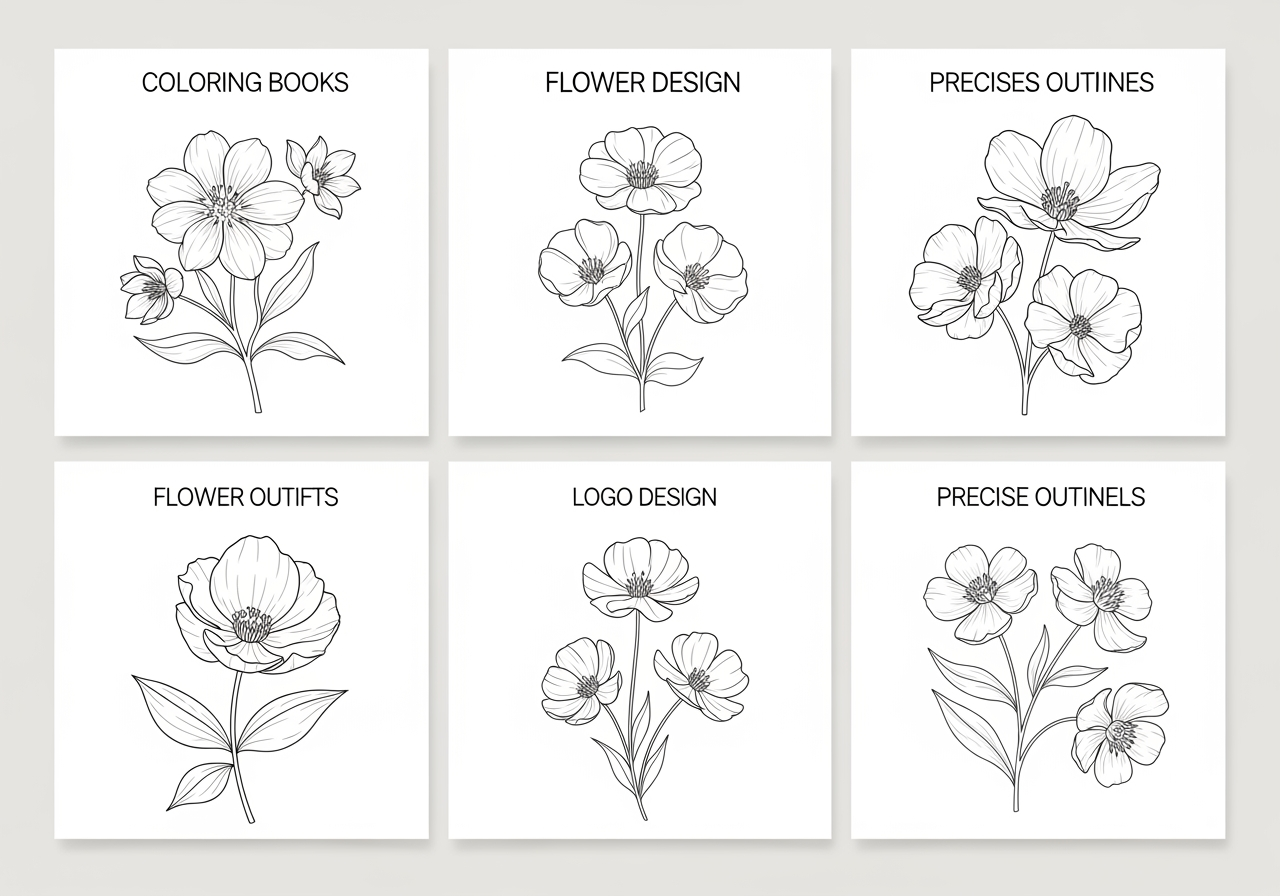 Exemples d'applications de contours de fleurs : coloriage, logos et artisanat.