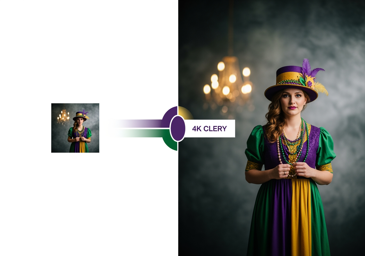 微妙なマルディグラのカラーアクセントを伴う、低解像度から4K解像度への画像アップスケーリングの視覚的表現。