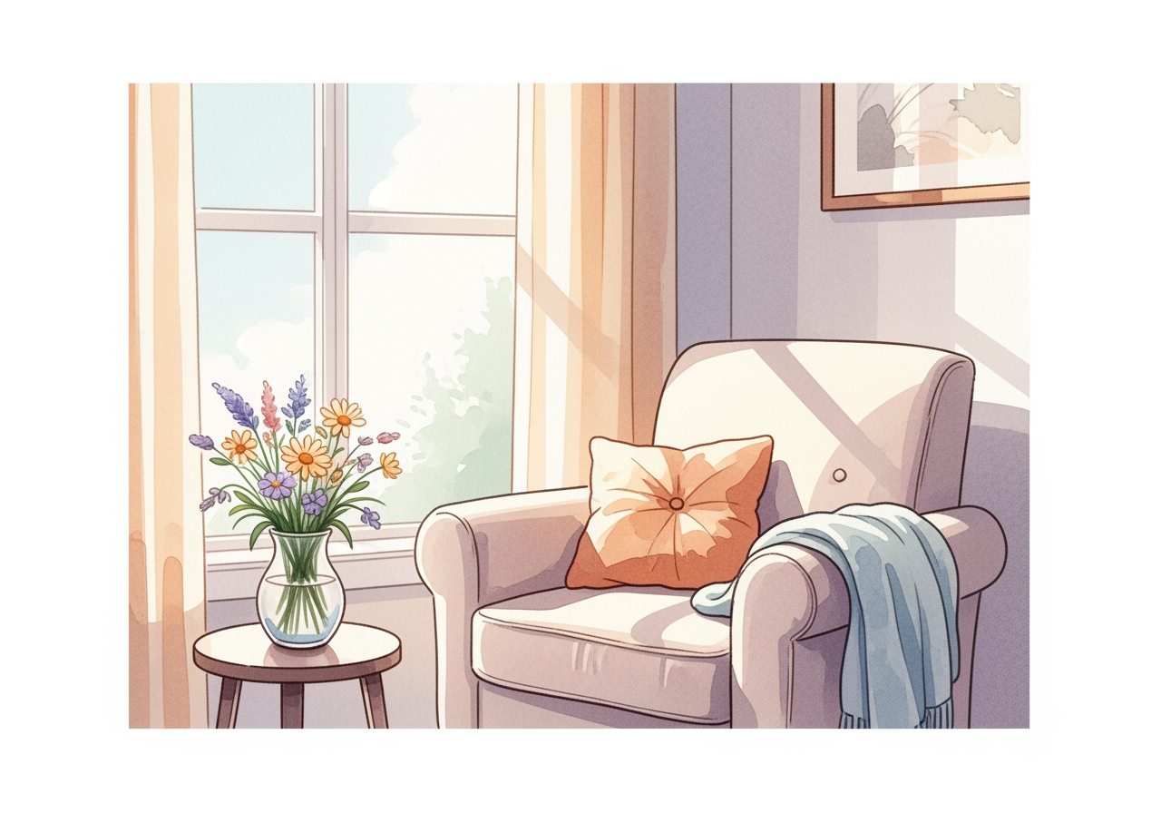 Eine Aquarell-Illustration einer entspannten Sonntagsszene mit Pastellfarben und Wildblumen.