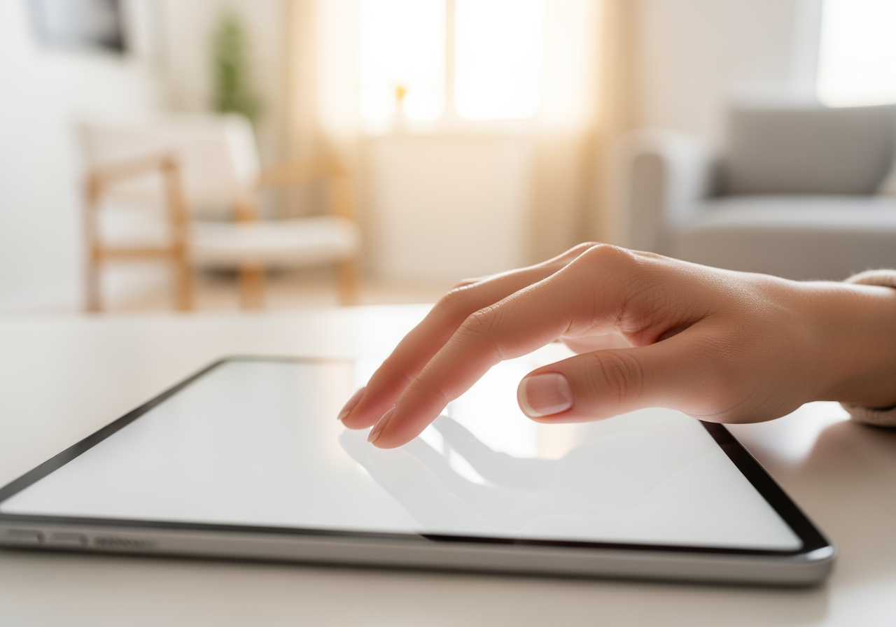 Eine Hand, die ein modernes Tablet in einer hellen, minimalistischen Umgebung benutzt, was gesprächige Bearbeitung symbolisiert.