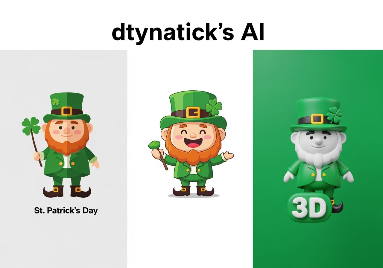 Dimostrazione visiva delle trasformazioni di stile delle grafiche per il Giorno di San Patrizio, inclusi vettoriale piatto, cartone animato e 3D.