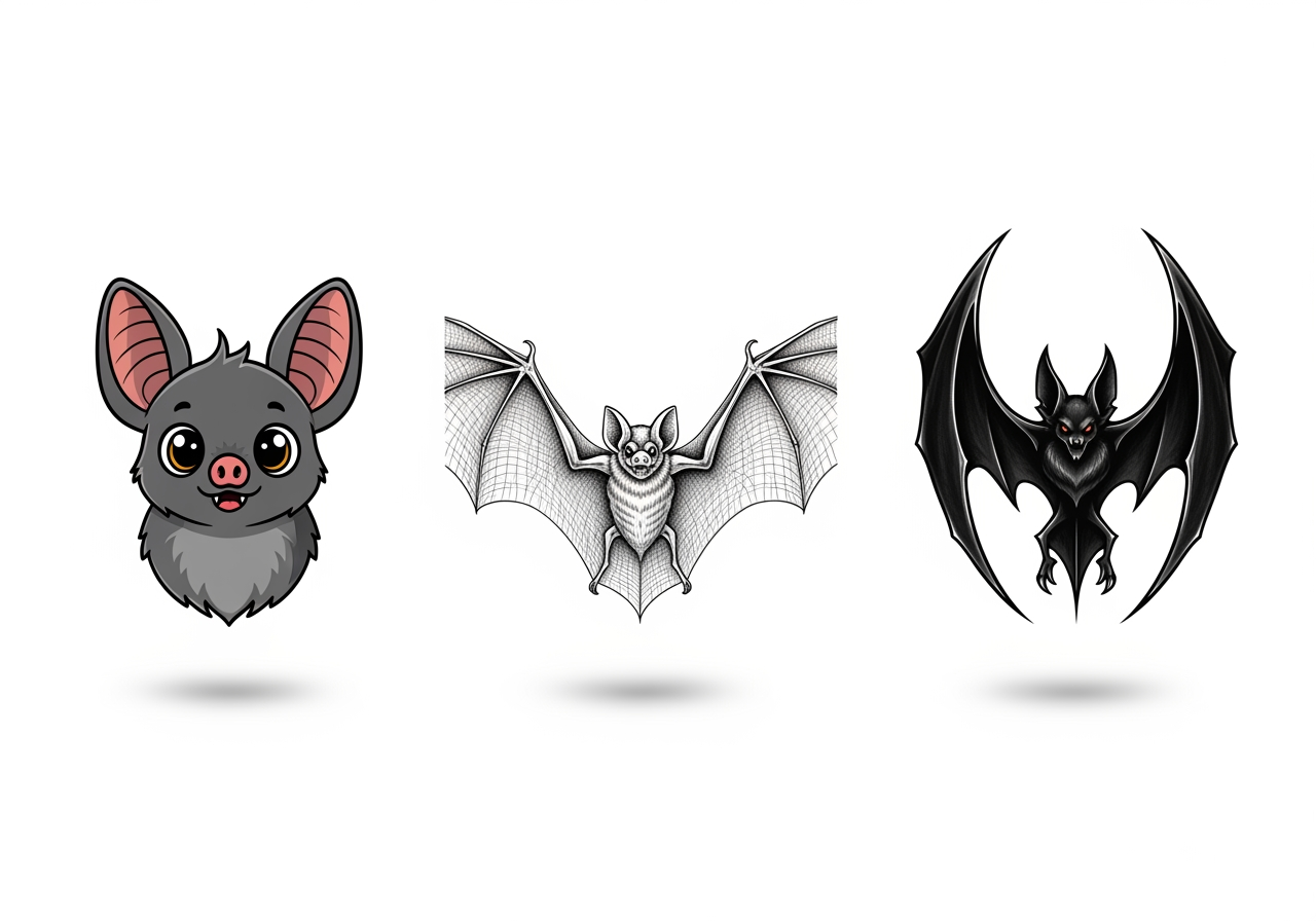Diversi stili artistici di illustrazioni di pipistrelli, comprese variazioni carine, realistiche e gotiche.