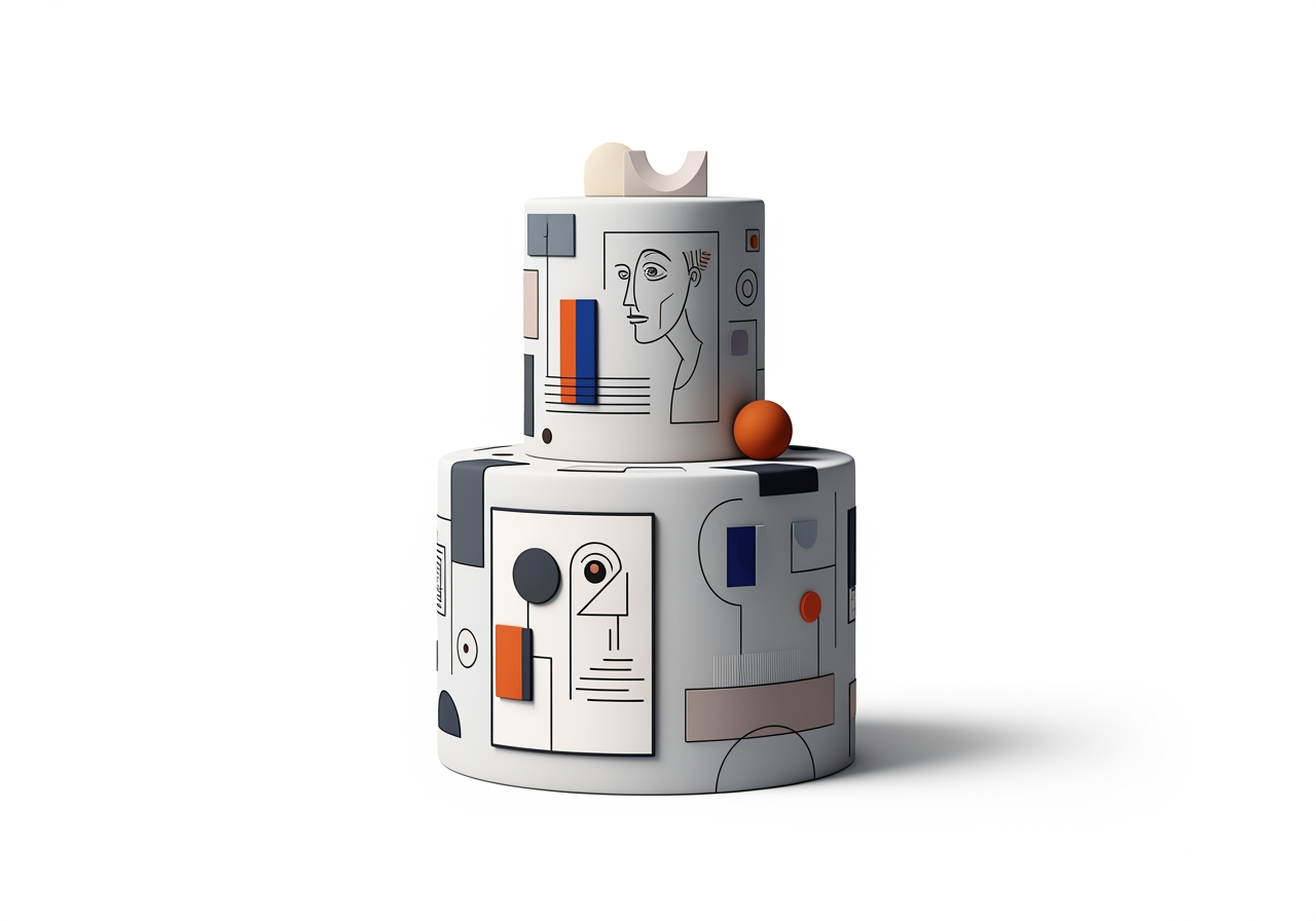Illustrazione di torta stilizzata con elementi astratti integrati che simboleggiano diversi stili artistici