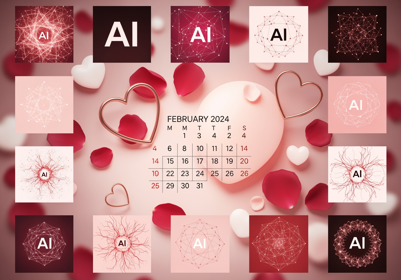 Vielfältige Februarkalender-Hintergrundthemen, einschließlich Valentinstag und minimalistischer Kalender