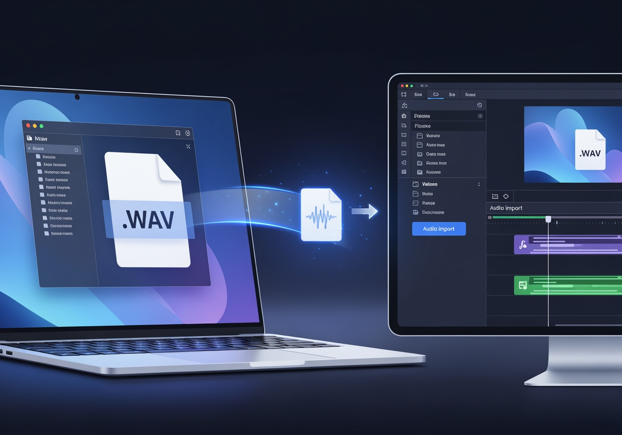 Immagine che raffigura un flusso di lavoro trasparente per la condivisione/il download di un file audio WAV in software di editing o piattaforma di collaborazione