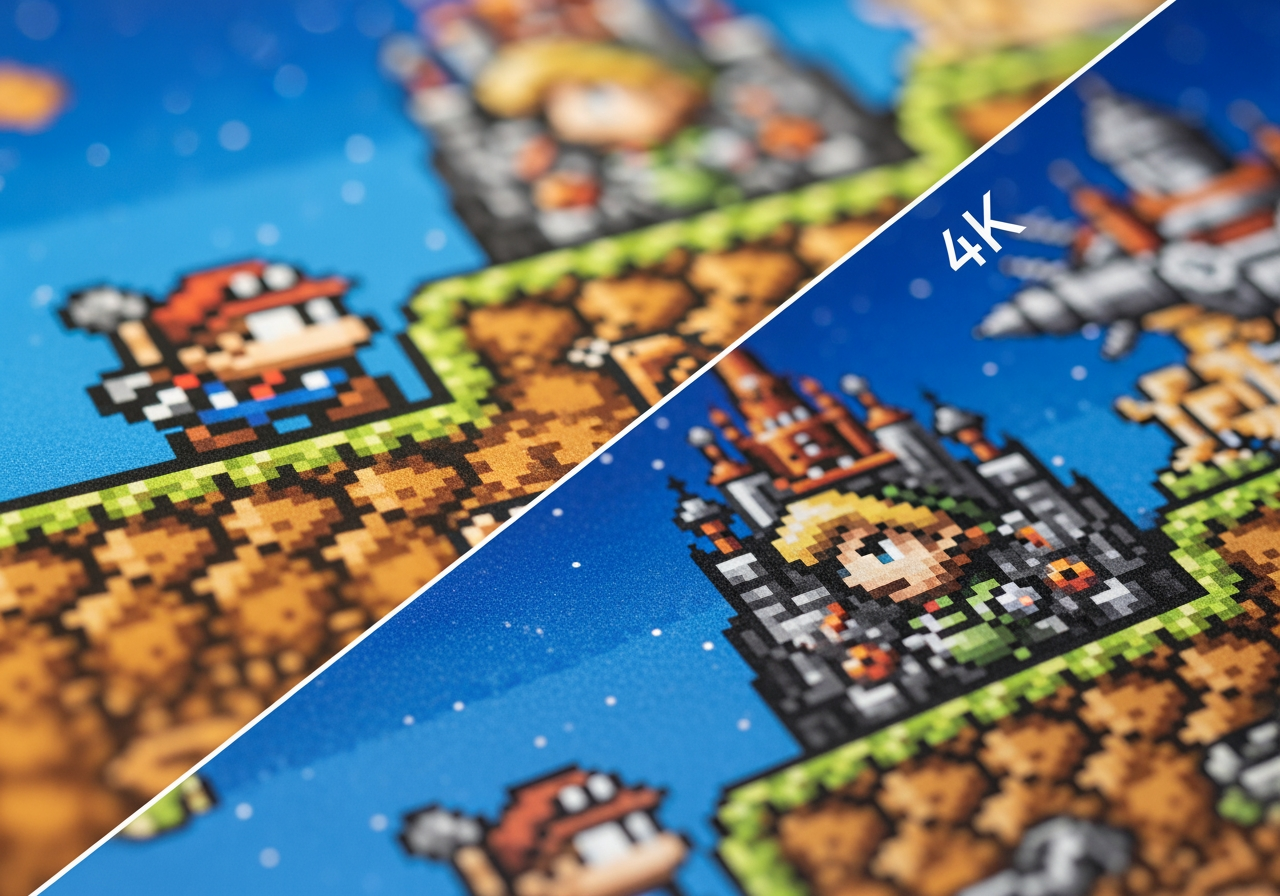 픽셀 아트를 고해상도 4K로 업스케일링하는 시각적 표현, 블록에서 선명한 디테일로의 명확한 전환을 보여줌