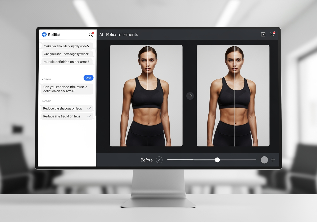 모델 이미지 편집 중인 대화형 AI 인터페이스 시각화.