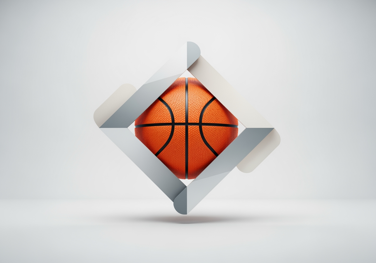 깨끗하고 현대적인 디자인 요소에 매끄럽게 합성된 농구공 이미지, 사용성을 보여줌, 4:3 비율, 전문 사진 품질.