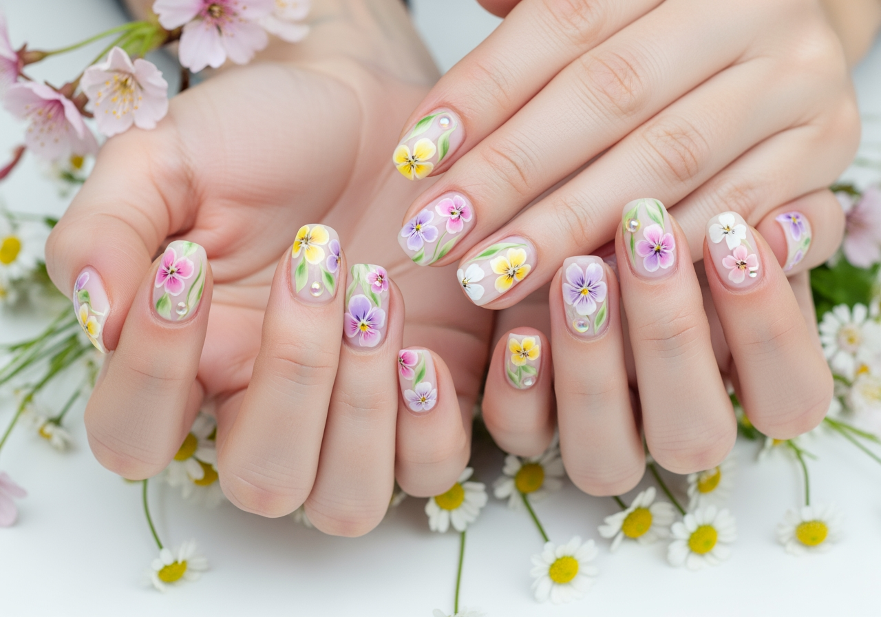 Einzigartige saisonale Nageldesigns, inspiriert von der Natur, z. B. Frühlingsblumen oder Sommerozeane