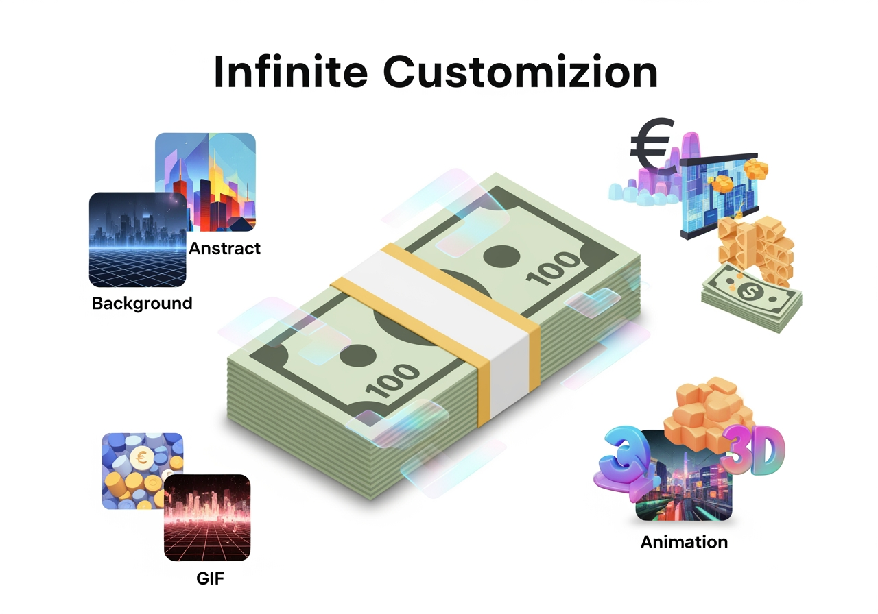 맞춤 설정 가능한 돈 GIF 요소: 통화 유형, 배경, 스타일