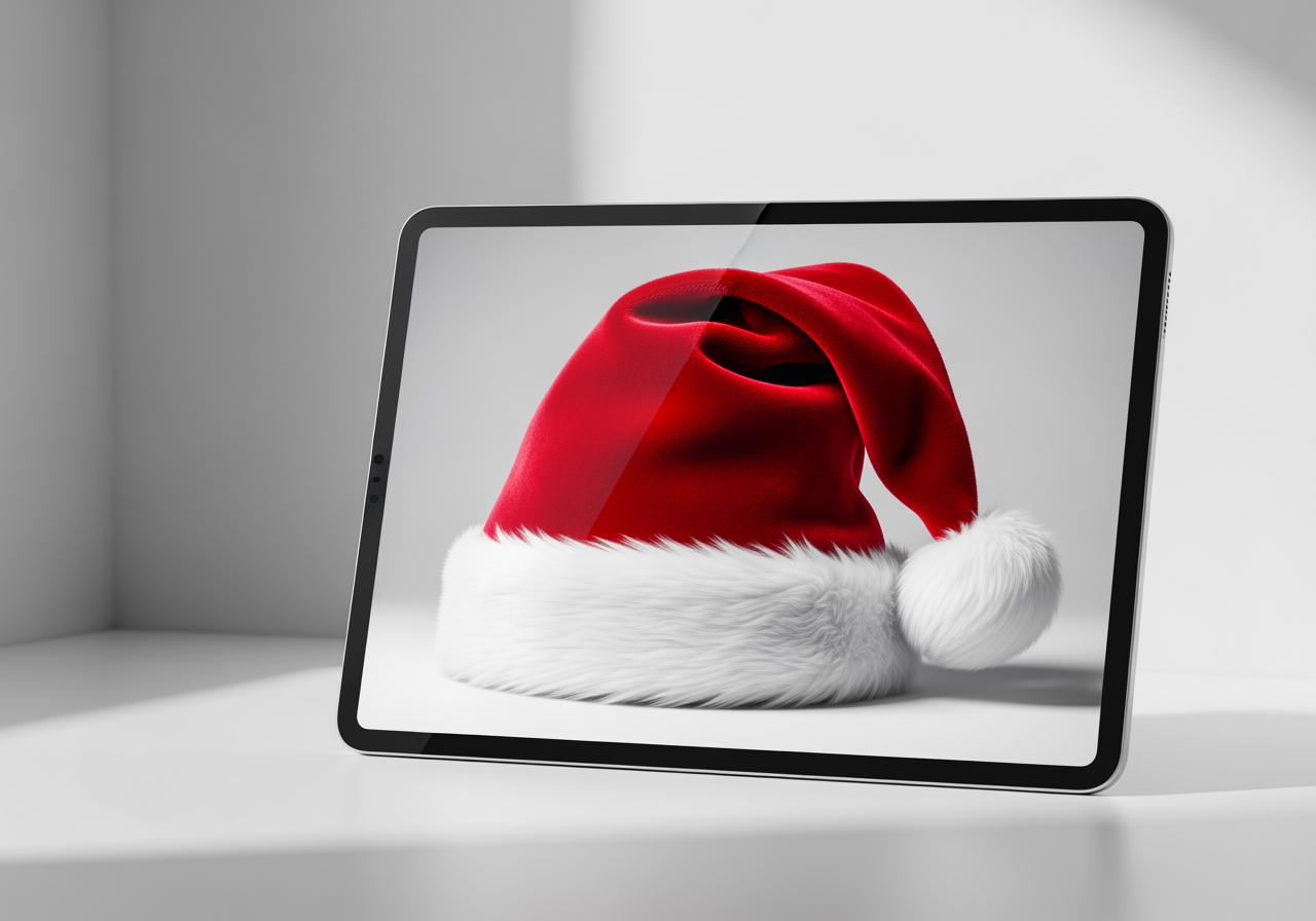 현대적인 디지털 화면에 표시되는 고해상도 4K 산타 모자 이미지.