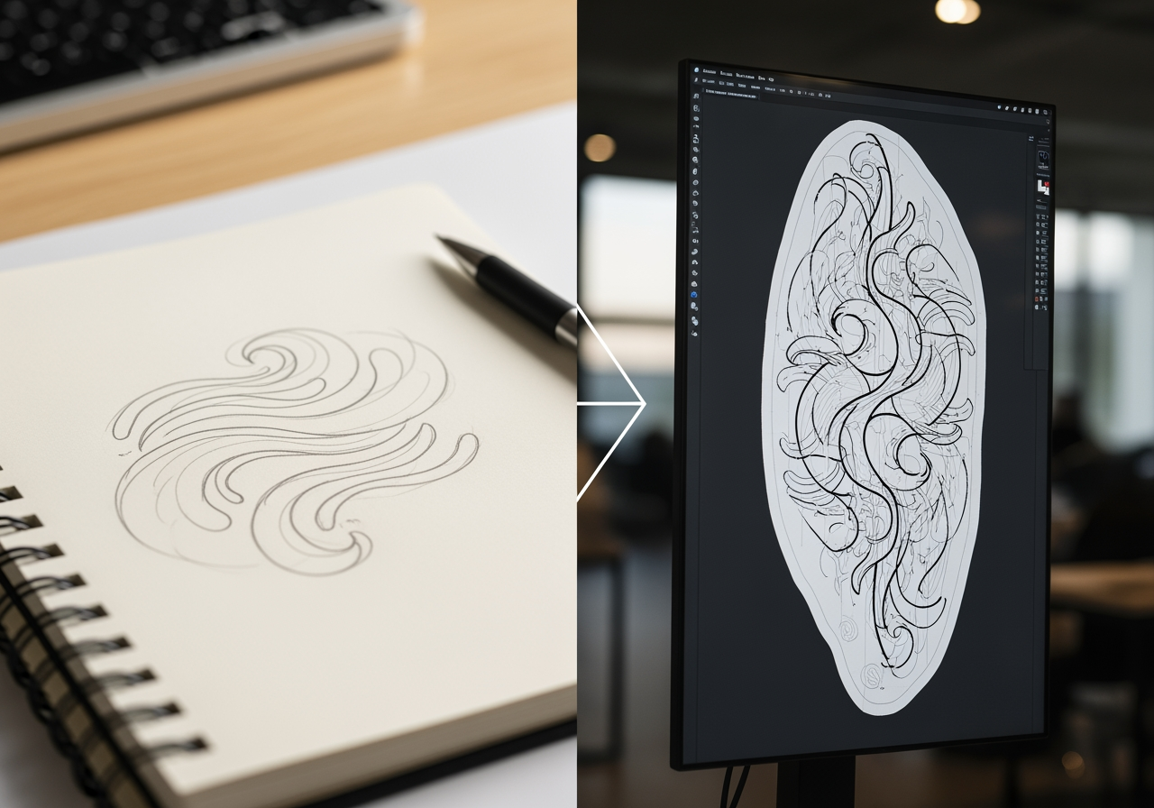 シンプルなアイデアが複雑なタトゥーステンシルへと進化する過程の視覚的表現