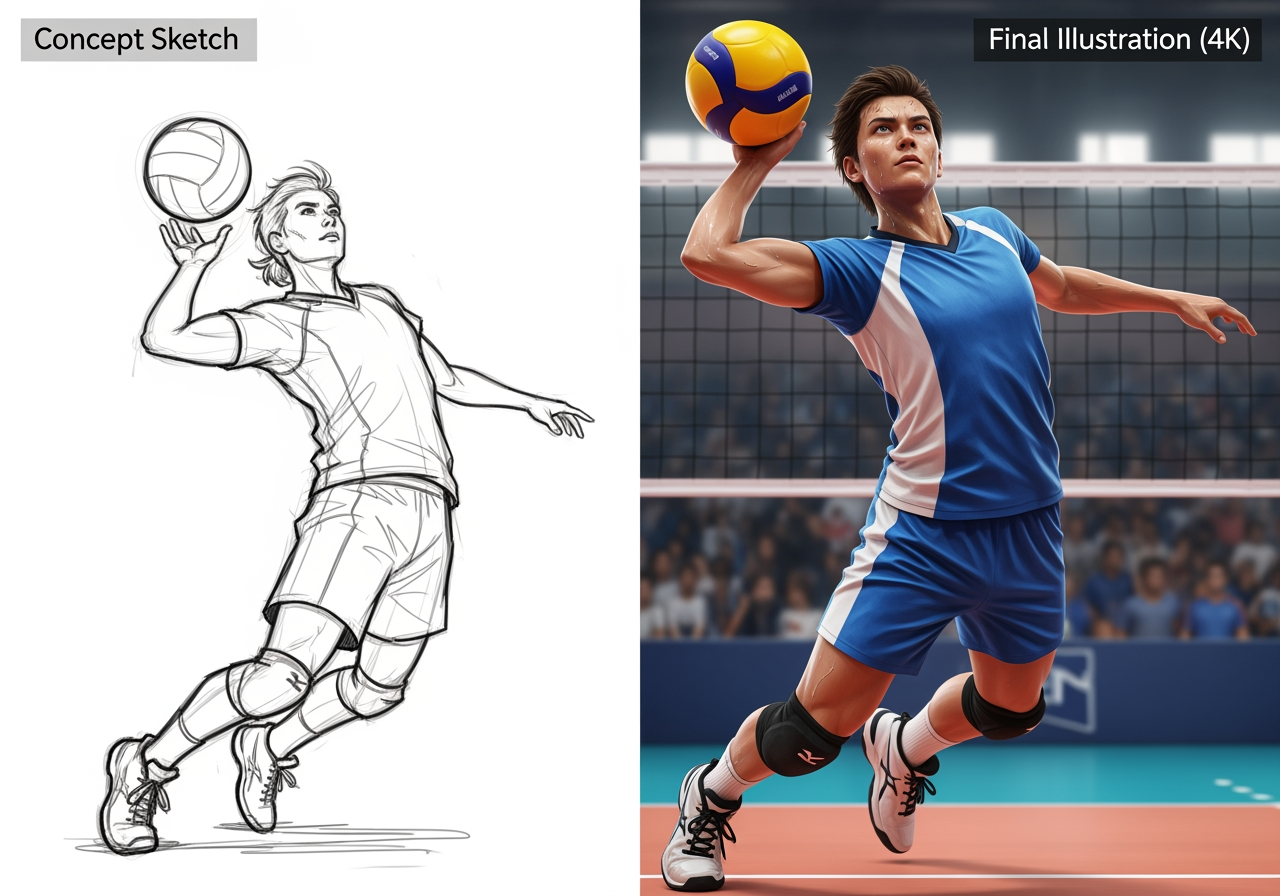 컨셉부터 4K 해상도까지: 배구 클립아트의 업스케일링 및 개선