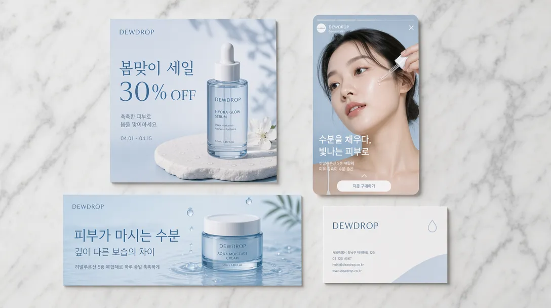 한 번의 요청으로 생성한 스킨케어 브랜드 마케팅 에셋 4종 세트. 각 에셋의 한글 타이포그래피가 정확해요.
