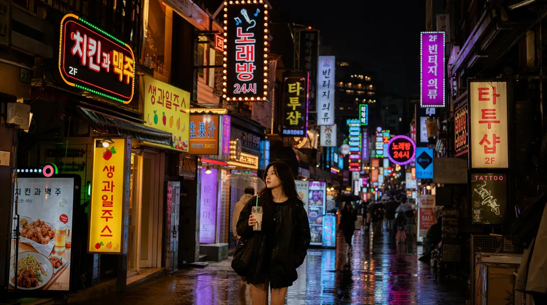 챗지피티 이미지 2로 생성한 홍대 거리 야경. 수십 개의 한글 간판이 정확하게 렌더링되어 있어요.