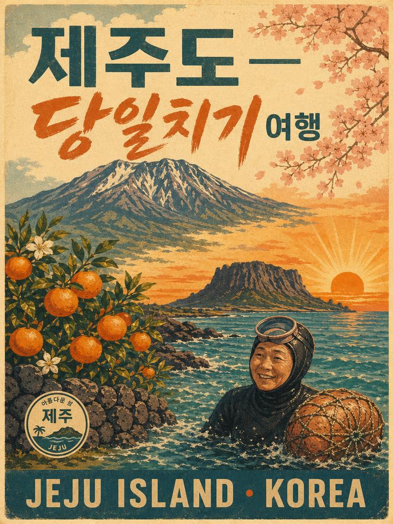 AI-generated Vintage Illustrated Travel Poster for Jeju Island One-Day Tour ( ) made with GPT Image 2