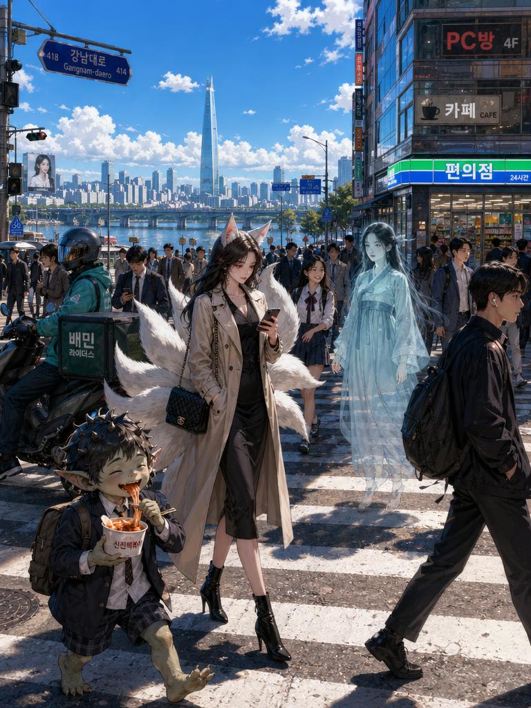 AI-generated Highly Detailed Anime-style Urban Fantasy Illustration Set at a Busy Gangnam-style made with GPT Image 2