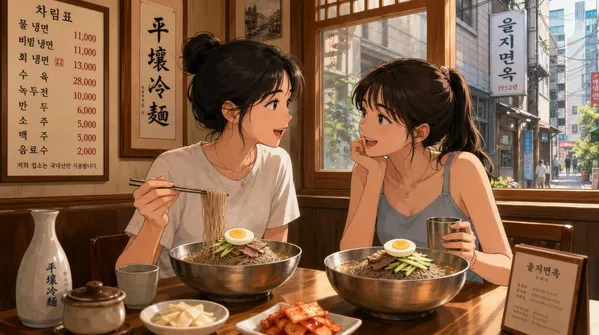 AI-generated Cozy Anime-style Korean Naengmyeon Cold Noodle Restaurant Interior made with GPT Image 2