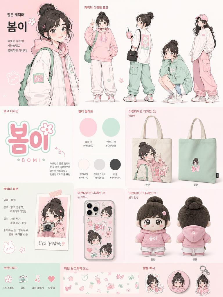 AI-generated Brand Identity and Merchandise Design Board for a Korean Webtoon Character made with GPT Image 2