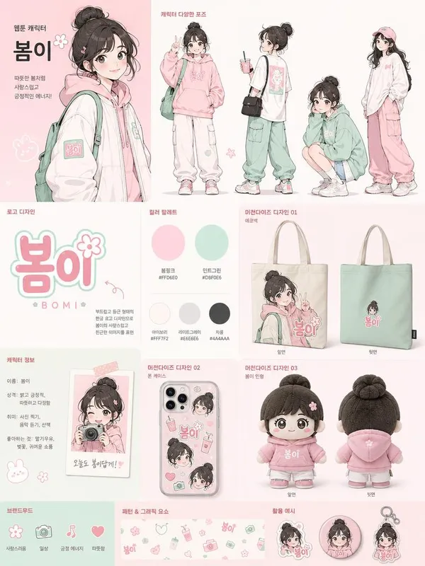 AI-generated Brand Identity and Merchandise Design Board for a Korean Webtoon Character made with GPT Image 2