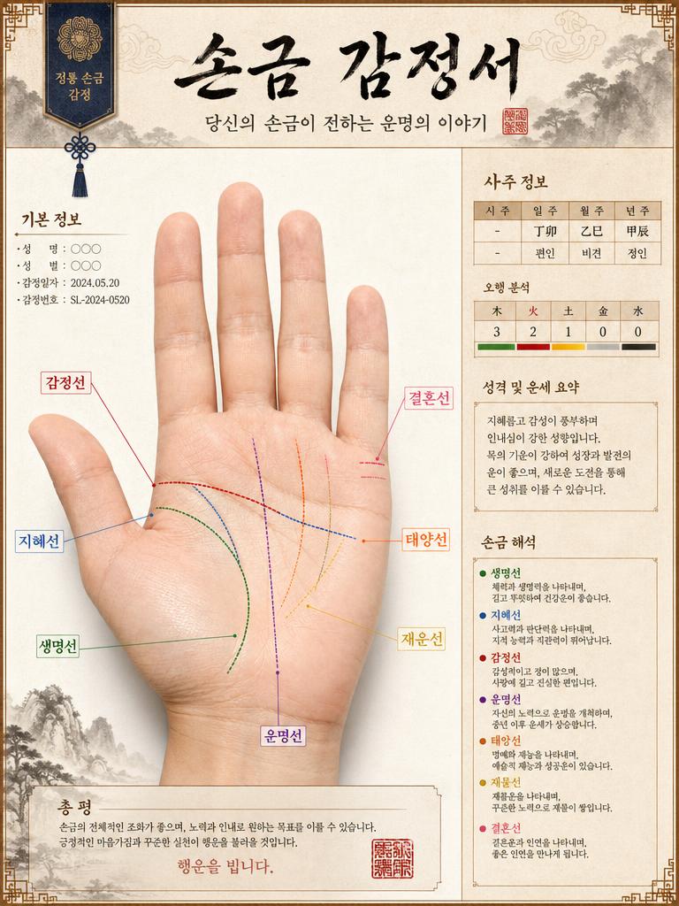 GPT 이미지 2로 생성한 손금 사주 감정 리포트