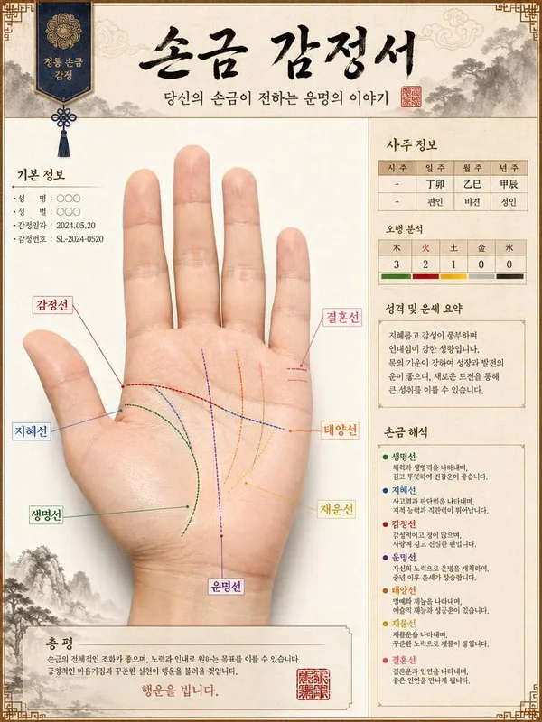 GPT 이미지 2로 생성한 손금 사주 감정 리포트