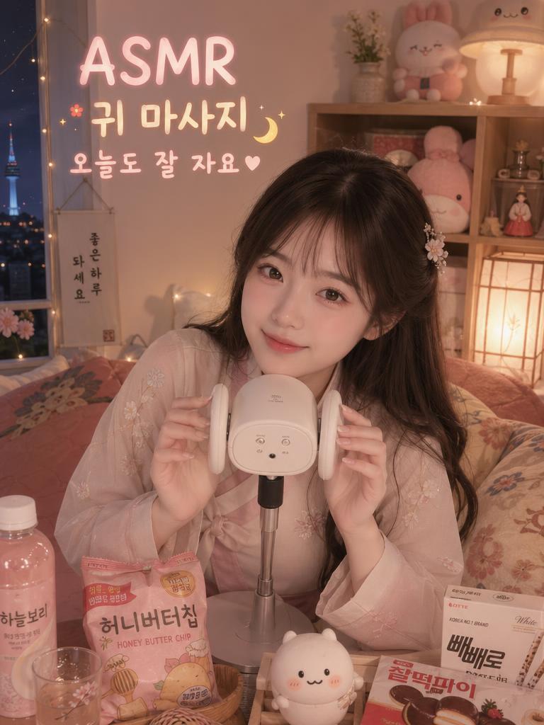AI-generated Soft Dreamy Korean Anime Illustration of a Cute Korean Girl Doing ASMR in a Cozy Korean made with GPT Image 2