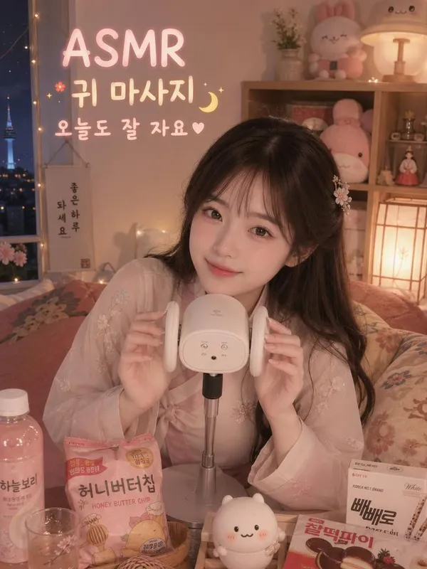 AI-generated Soft Dreamy Korean Anime Illustration of a Cute Korean Girl Doing ASMR in a Cozy Korean made with GPT Image 2
