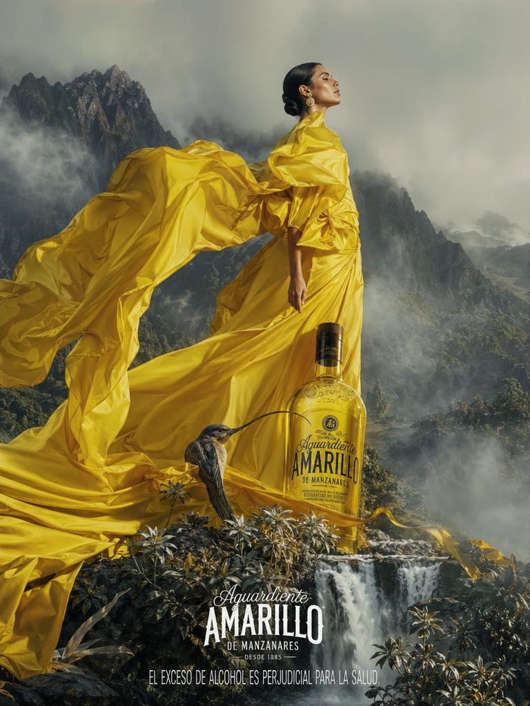 AI-generated Surrealist High-fashion Advertising Poster for Aguardiente Amarillo Liquor Brand made with GPT Image 2