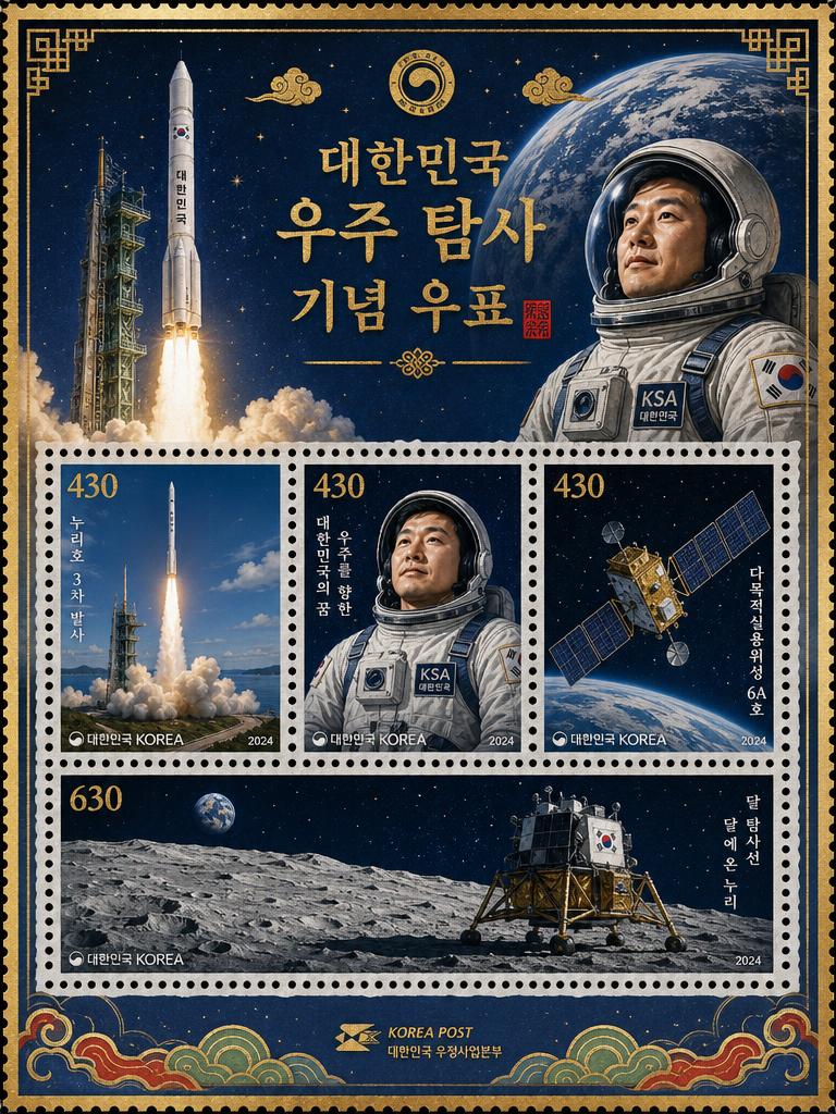 AI-generated Korean Space Exploration Commemorative Stamp Souvenir Sheet made with GPT Image 2