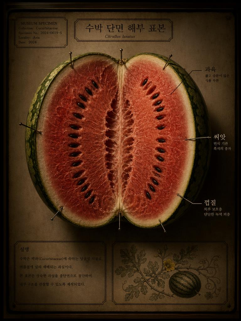 AI-generated Natural History Museum Specimen Style Illustration of a Cross-sectioned Watermelon made with GPT Image 2