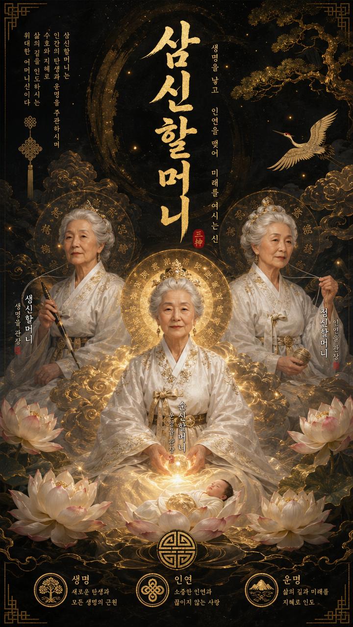 AI-generated Korean Shamanic Mythology Poster Featuring (Three Grandmother Spirits of Birth and Fate) made with GPT Image 2