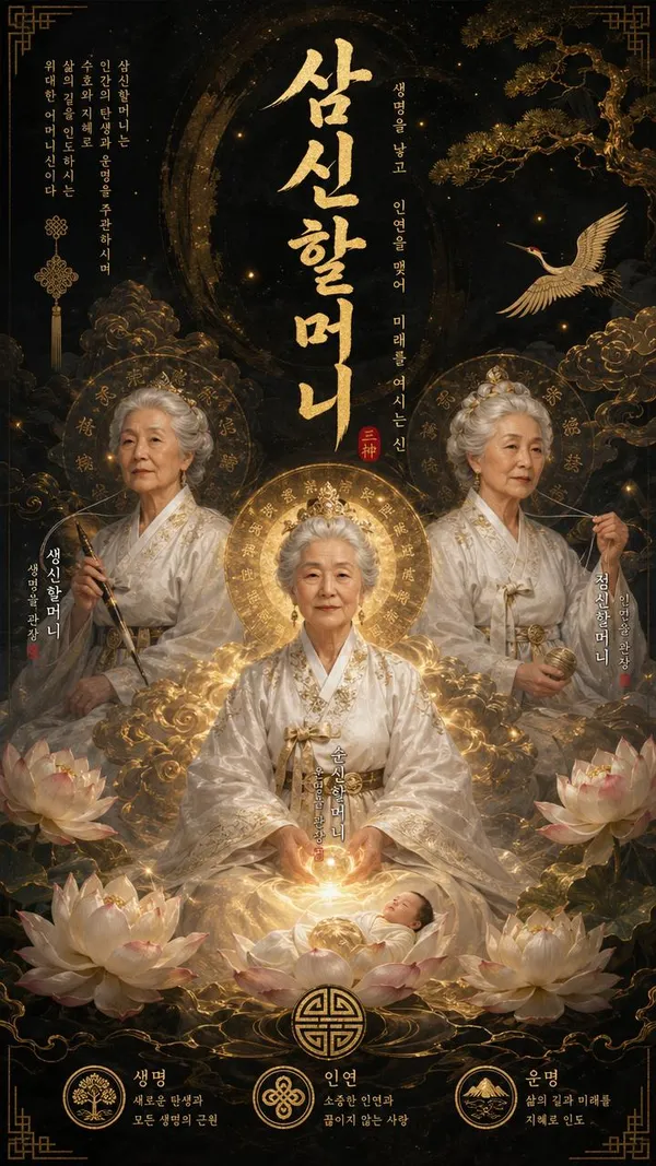 AI-generated Korean Shamanic Mythology Poster Featuring (Three Grandmother Spirits of Birth and Fate) made with GPT Image 2
