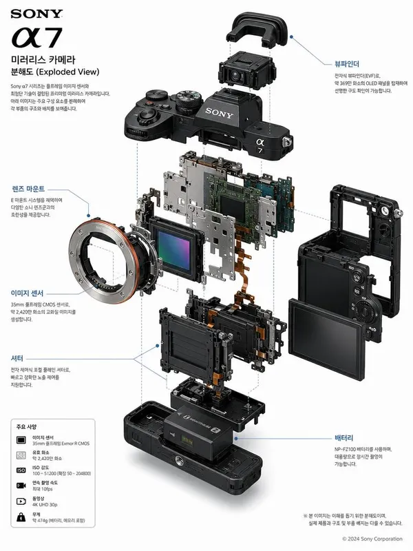 AI-generated Detailed Exploded View Technical Diagram Poster of Sony A7 Mirrorless Camera made with GPT Image 2