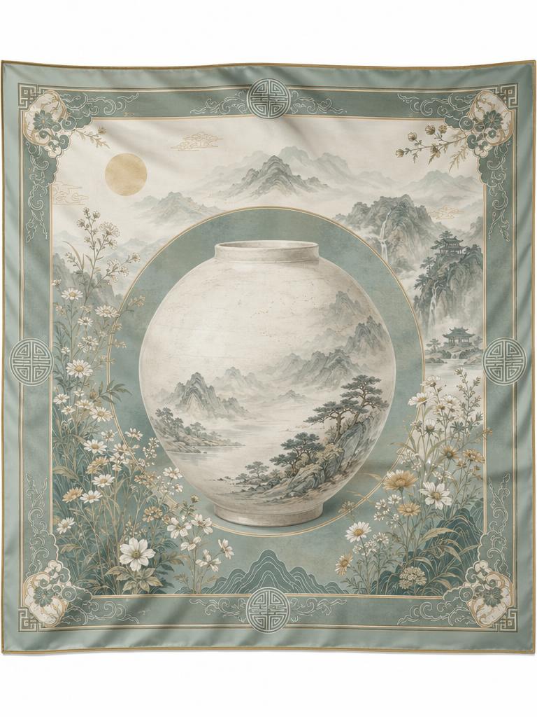 AI-generated Elegant Silk Scarf Design Inspired by Korean Moon Jar () and Traditional Korean Landscape made with GPT Image 2