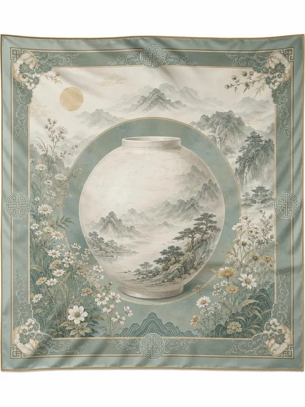 AI-generated Elegant Silk Scarf Design Inspired by Korean Moon Jar () and Traditional Korean Landscape made with GPT Image 2