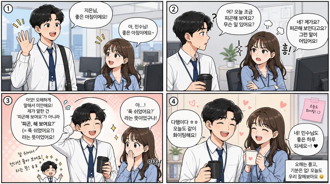 AI-generated Korean 4-panel Webtoon (4 ) Showing a Daily Life Scenario Between Two Korean Office made with GPT Image 2