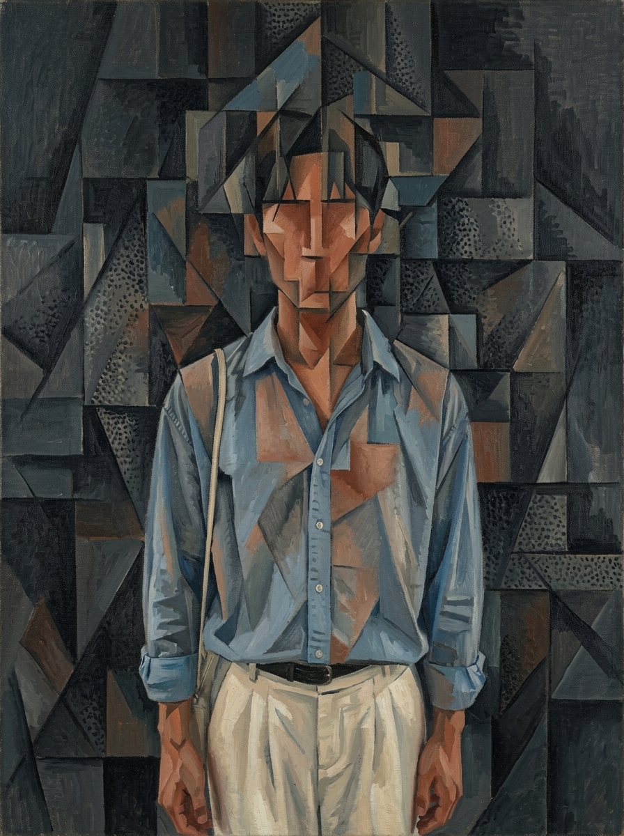 Braque-inspired analytical cubist painting with a faint human trace buried in charcoal and terracotta planes