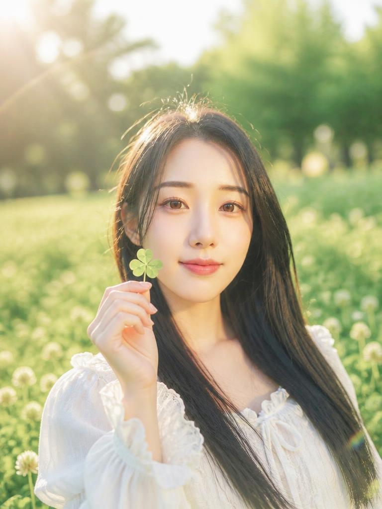 A dreamy early-summer portrait in a green clover field with a four-leaf clover near the face.