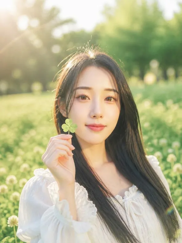 A dreamy early-summer portrait in a green clover field with a four-leaf clover near the face.
