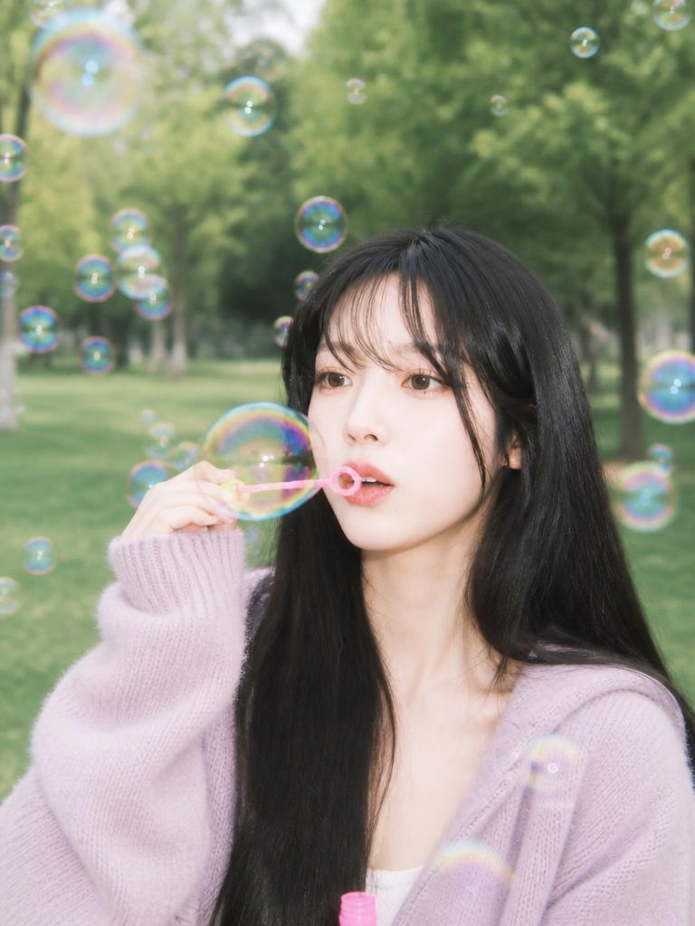 A whimsical park portrait with a bubble wand and iridescent soap bubbles floating around the face.