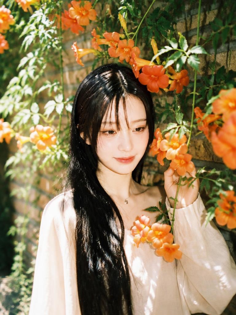 A fresh summer portrait surrounded by orange trumpet creeper flowers and green vines.