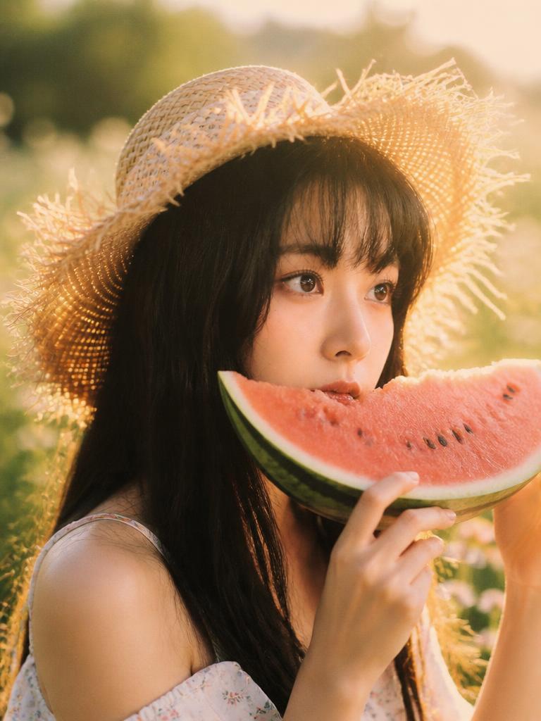 골든아워 들판에서 커다란 수박 조각을 들고 있는 복고풍 여름 인물 사진