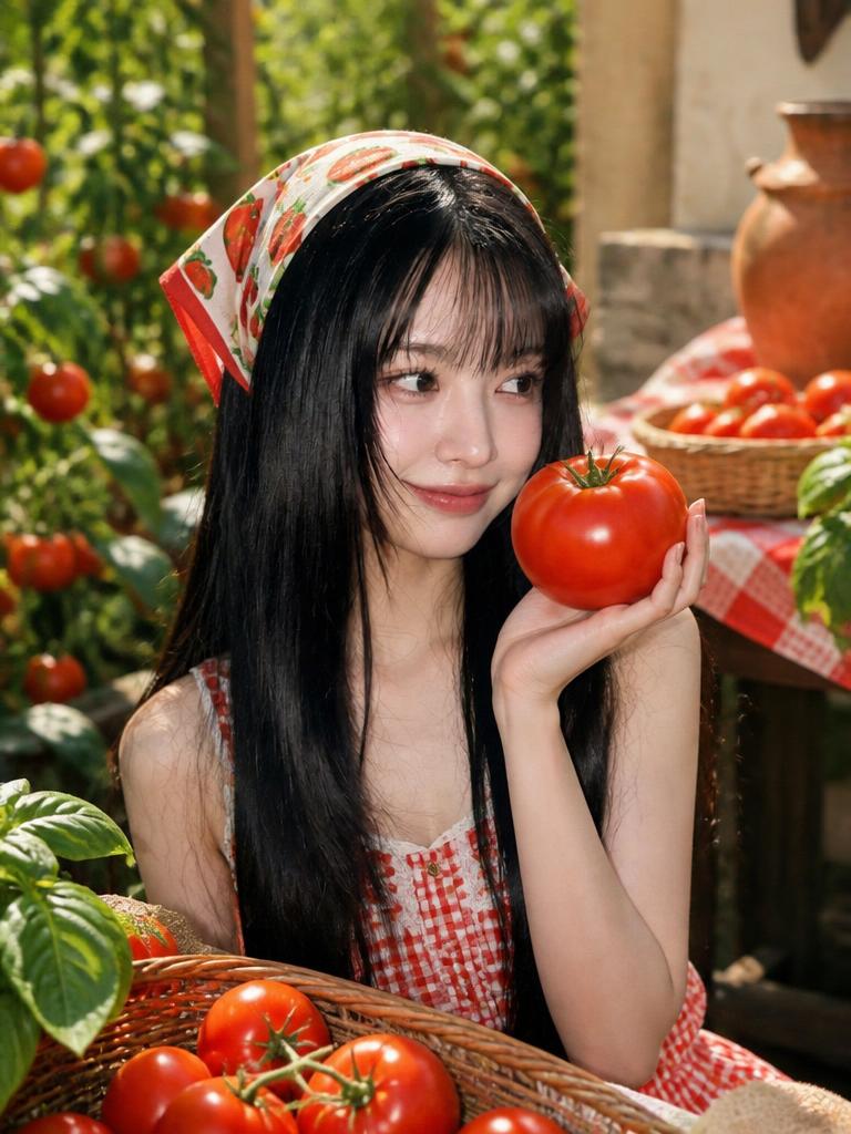 A vibrant tomato girl summer portrait with a large ripe tomato, retro styling, and garden details.