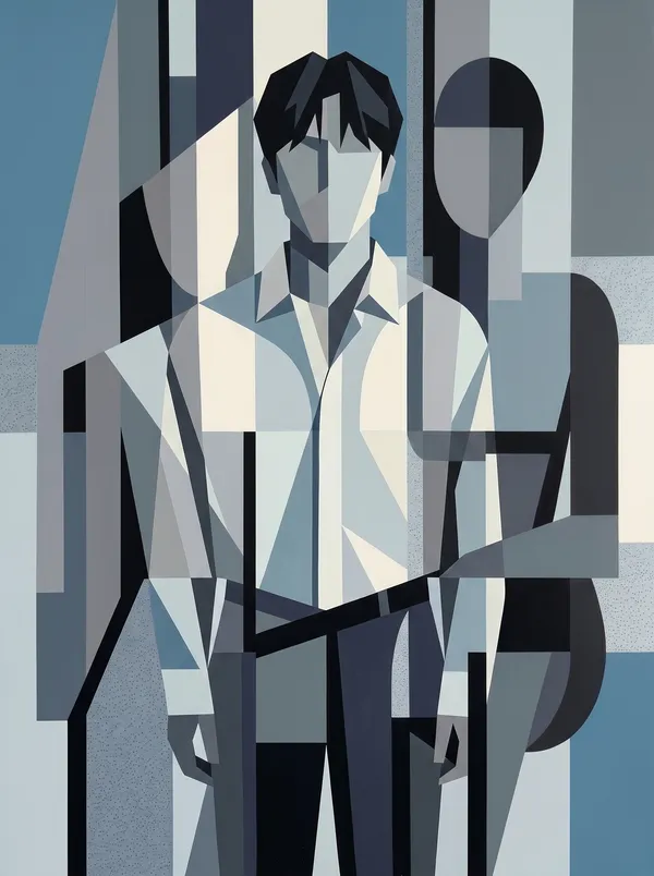 Graphic cubist male figure reconstructed with muted cerulean, charcoal planes, and hard shadow blocks