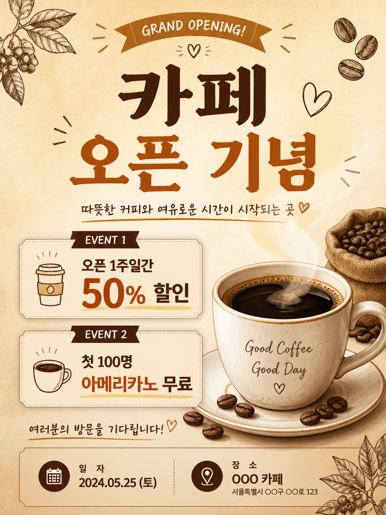 GPT 이미지 2로 생성한 카페 오픈 이벤트 포스터